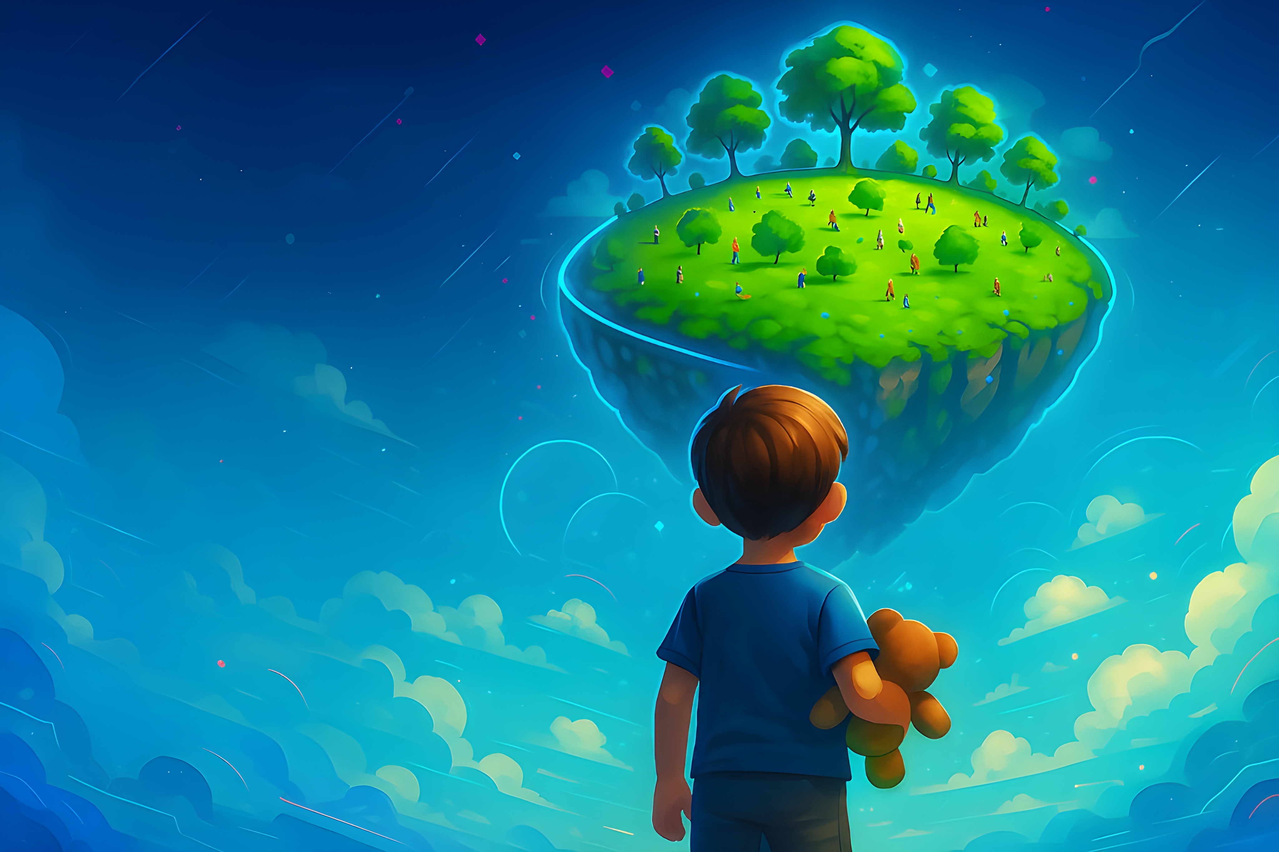 Floating island with a child looking up
